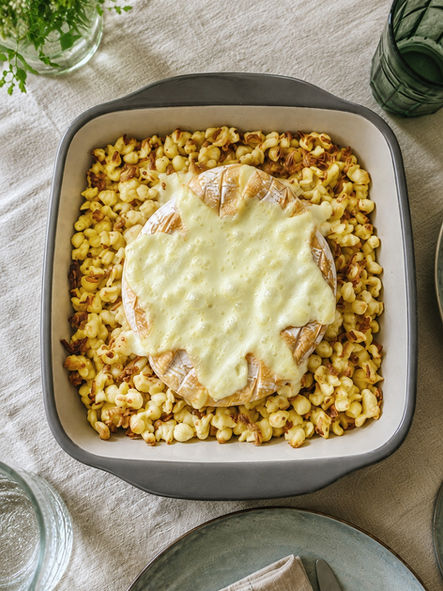 Goldbraun gebackener Kässpätzle-Auflauf in einer Auflaufform. Cremige Quarkspätzle sind mit geschmolzenem Ofenkäse und knusprigen Röstzwiebeln vermischt. Der Käse ist herrlich weich und zieht beim Servieren lange Fäden. Ein herzhaftes vegetarisches Ofengericht mit rustikalem Charakter.