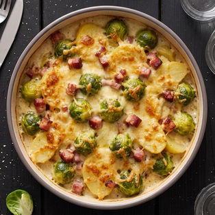 Rosenkohl-Kartoffel-Auflauf mit Speck – cremig und einfach aus dem Ofen!