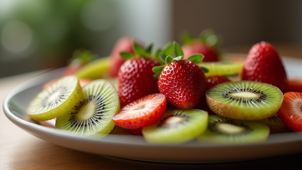 Eye-level view of a fruit platter with strawberries and kiwi