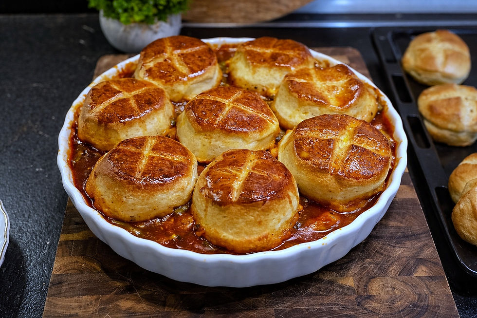 Biergulasch mit Brötchen