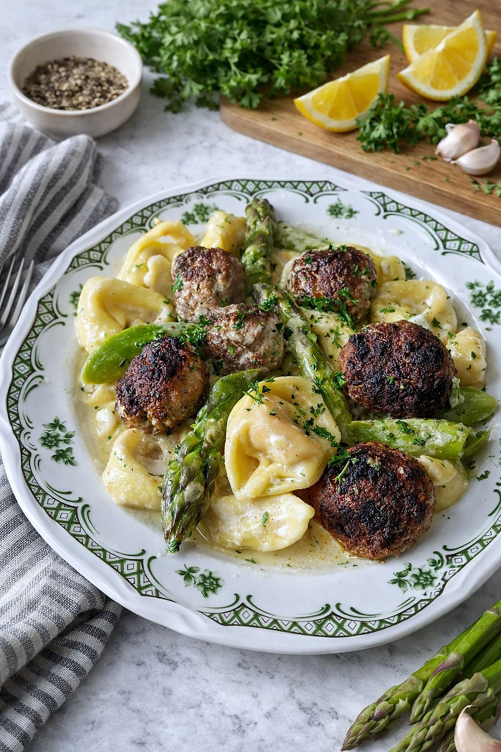 Spargel in Schmandsoße mit Hackbällchen und Tortellini