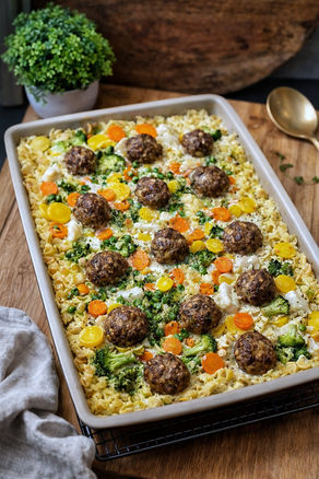 Bunte Gemüse Pasta mit Hackbällchen aus dem Ofen