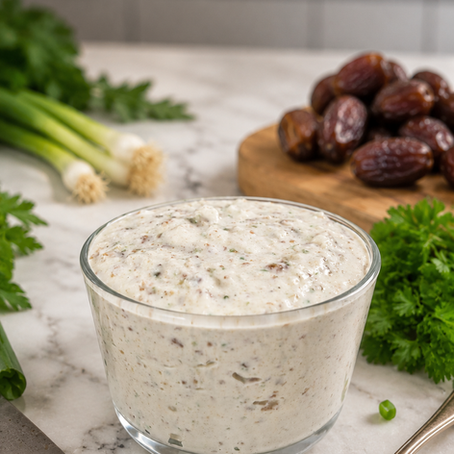 Cremiger Feigen-Walnuss-Dip und Dattel-Lauch-Dip in kleinen Schalen, garniert mit Walnüssen, Feigenstücken und frischen Frühlingszwiebeln, serviert mit frischem Brot auf einem rustikalen Holztisch.
