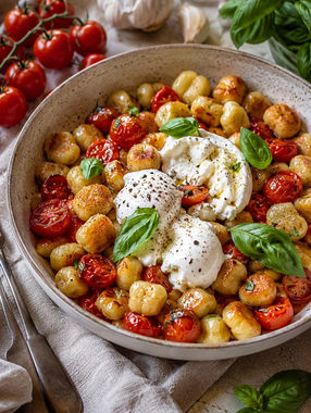 Knusprige Ofen-Gnocchi mit Cherrytomaten und Burrata