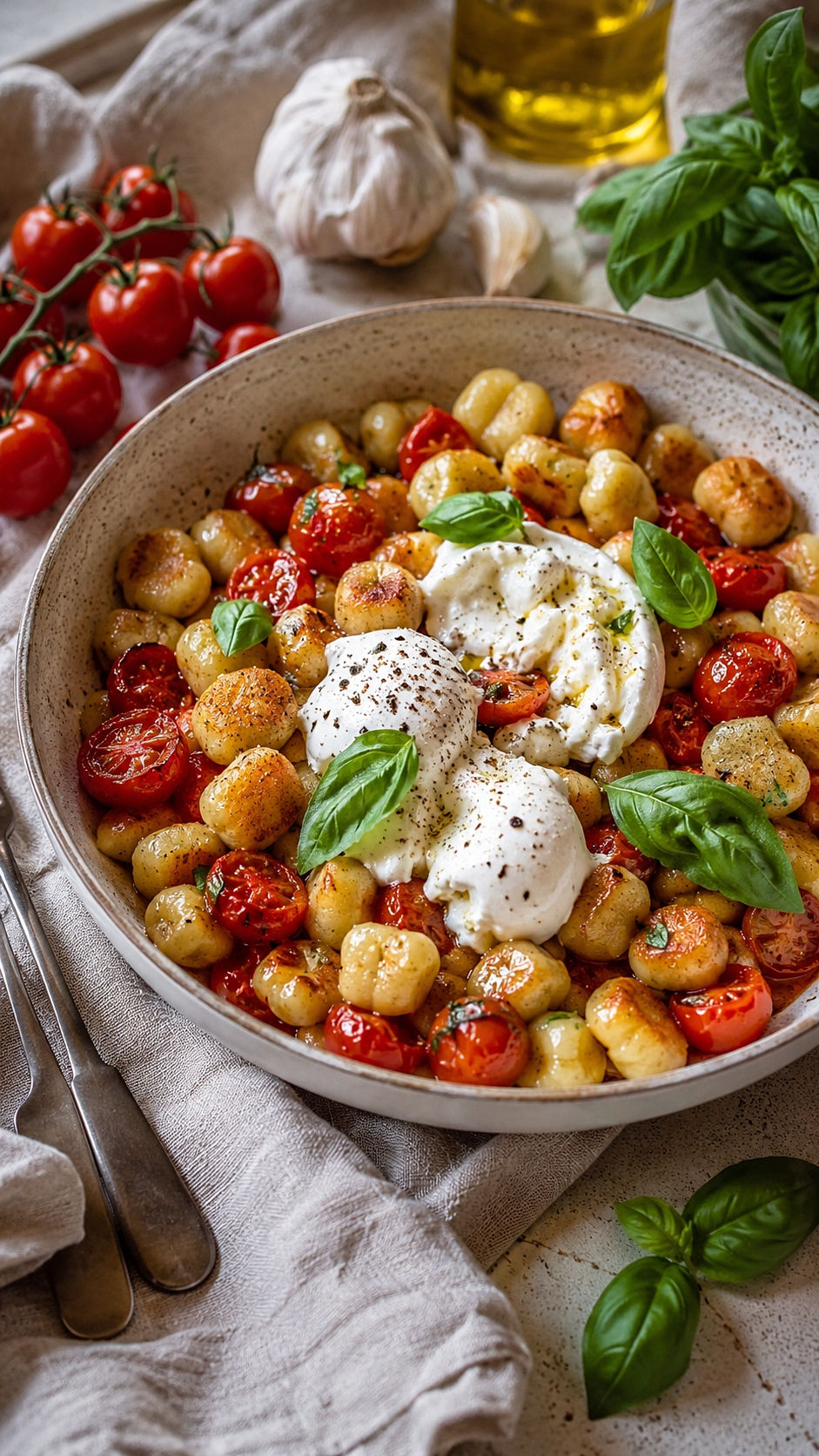 Knusprige Ofen-Gnocchi mit Cherrytomaten und Burrata