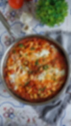 High angle view of a skillet with colorful bean dish