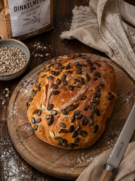 Frisch gebackenes Dinkel-Kürbiskernbrot im Ofenmeister mit knuspriger Kruste und saftiger Krume auf einem Holzbrett angerichtet.