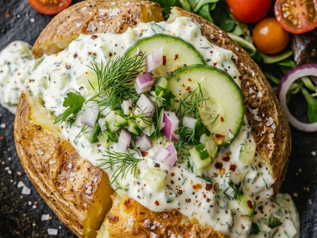 Griechische Ofenkartoffeln mit Tzatziki und Feldsalat – einfaches Sommerrezept aus dem Ofen