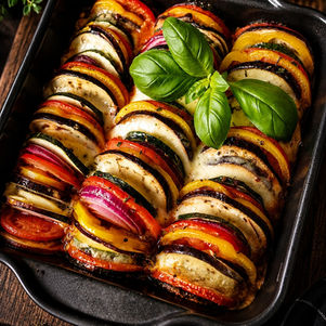 Ratatouille-Auflauf mit Zucchini, Auberginen, Tomaten, roten Zwiebeln und Mozzarella in einer Auflaufform geschichtet und goldbraun überbacken. Ein leichtes, mediterranes Sommergericht mit frischen Kräutern und aromatischer Tomaten-Balsamico-Soße.
