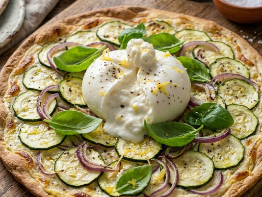 Knuspriger Flammkuchen mit Zucchini und Burrata