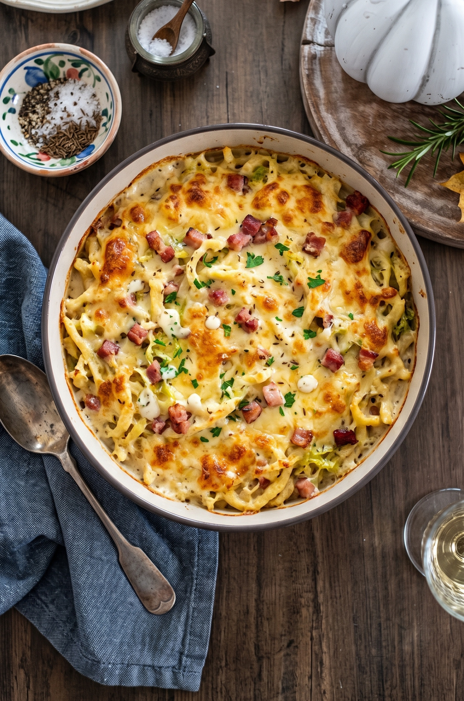 Cremiger Wirsing-Spätzle-Auflauf mit Speck