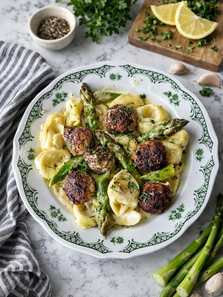 Spargel in Schmandsoße mit Hackbällchen