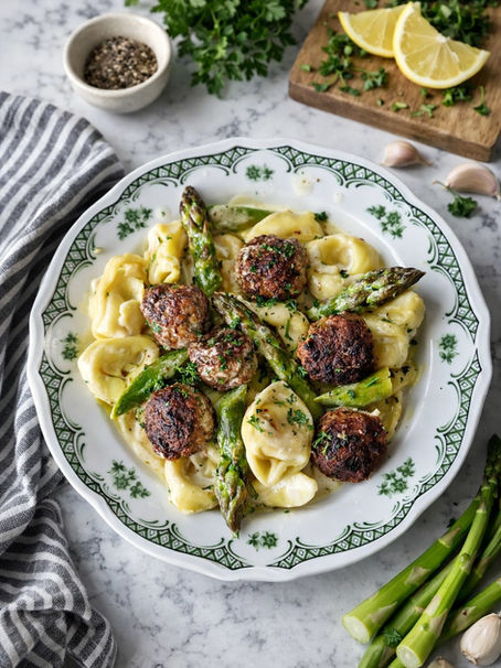 Spargel in Schmandsoße mit Hackbällchen