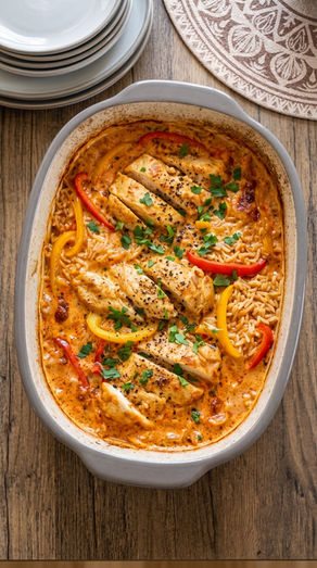 Cremiges Paprika-Hähnchen mit Reis aus dem Ofenmeister