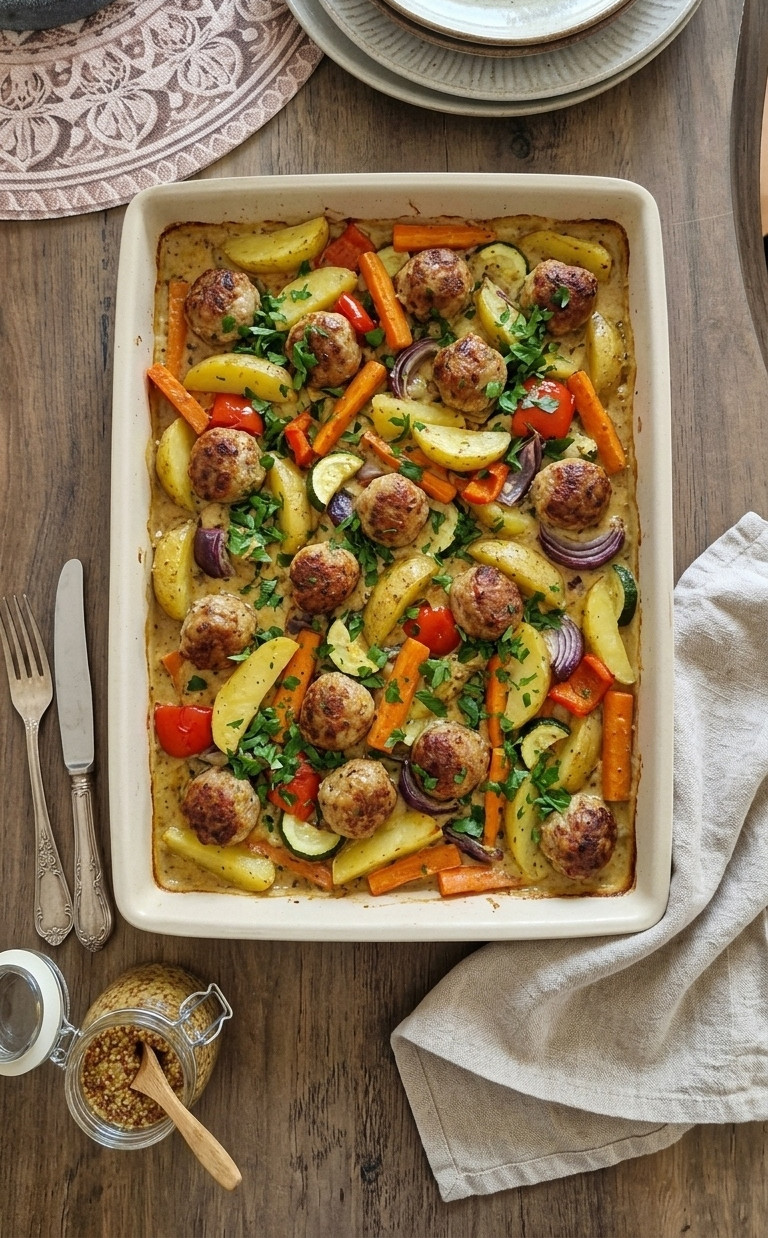 Bratwurstbällchen in Senfrahm mit Ofengemüse
