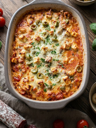 Goldbraun überbackene Pizza-Pasta mit Hackfleisch, Salami, Paprika, Champignons und Käse aus dem Ofenmeister