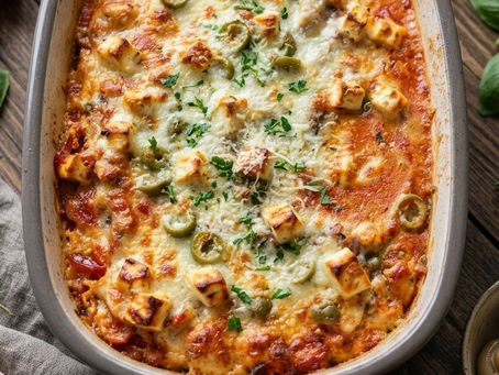 Goldbraun überbackene Pizza-Pasta mit Hackfleisch, Salami, Paprika, Champignons und Käse aus dem Ofenmeister