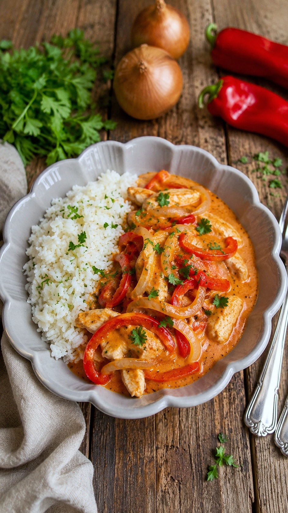 Hähnchen-Curry-Geschnetzeltes aus dem Ofen – einfaches Familienrezept mit Paprika und cremiger Currysoße