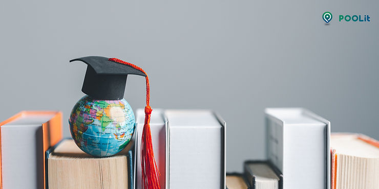 A small globe wears a graduation cap with a red tassel, resting on books against a gray background with "POOLit" text in the top corner.