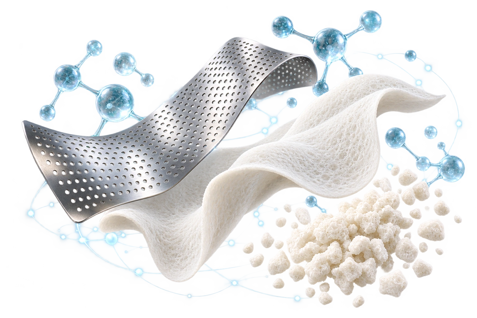 Mesh microforata, membrana porosa e granuli di biomateriale