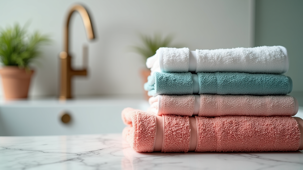 Close-up view of folded colorful towels in a bathroom setting