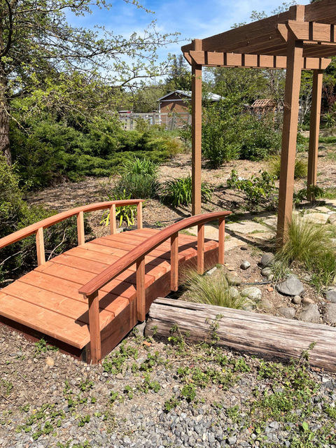 a wooden bridge is in the middle of a garden