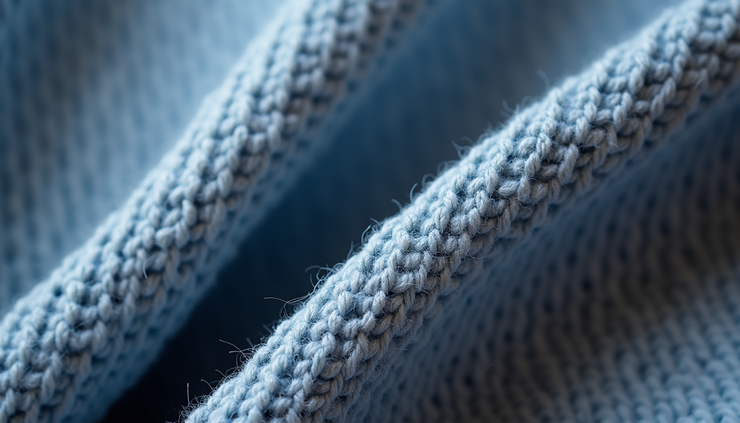 Close-up view of single jersey knit fabric made with synthetic yarns showing texture and stitch detail