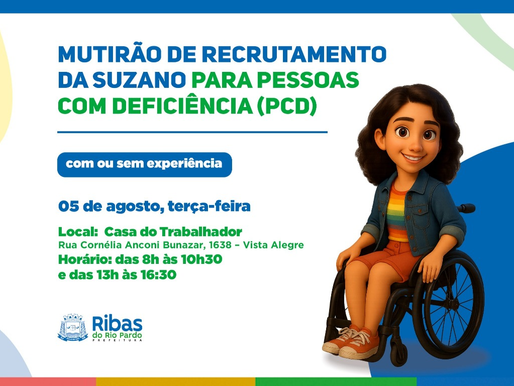 A inclusão começa com oportunidades! A Suzano, em parceria com a Prefeitura de Ribas do Rio Pardo, realiza no dia 5 de agosto, um mutirão de recrutamento exclusivo para pessoas com deficiência (PCD). A ação será realizada na Casa do Trabalhador, das 8h às 10h30 e das 13h às 16h30.