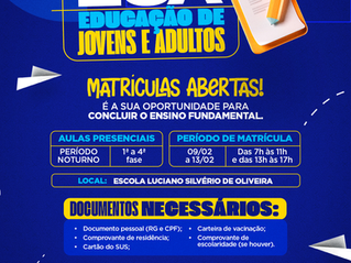 A Secretaria Municipal de Educação de Água Clara informa a abertura das matrículas para a Educação de Jovens e Adultos (EJA), uma iniciativa que reforça o compromisso da administração municipal com a inclusão educacional e o desenvolvimento humano. O programa é voltado para quem não teve a oportunidade de concluir os estudos na idade regular e deseja retomar sua trajetória escolar.