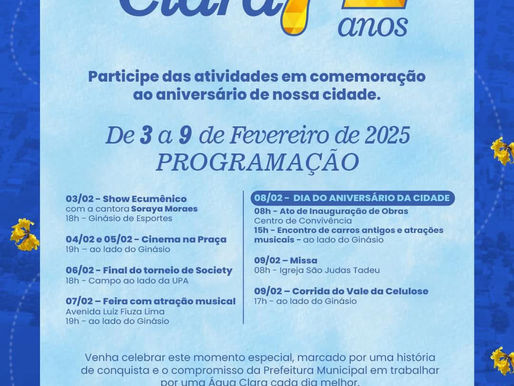 Confira a programação para o aniversário de 71 anos de Água Clara