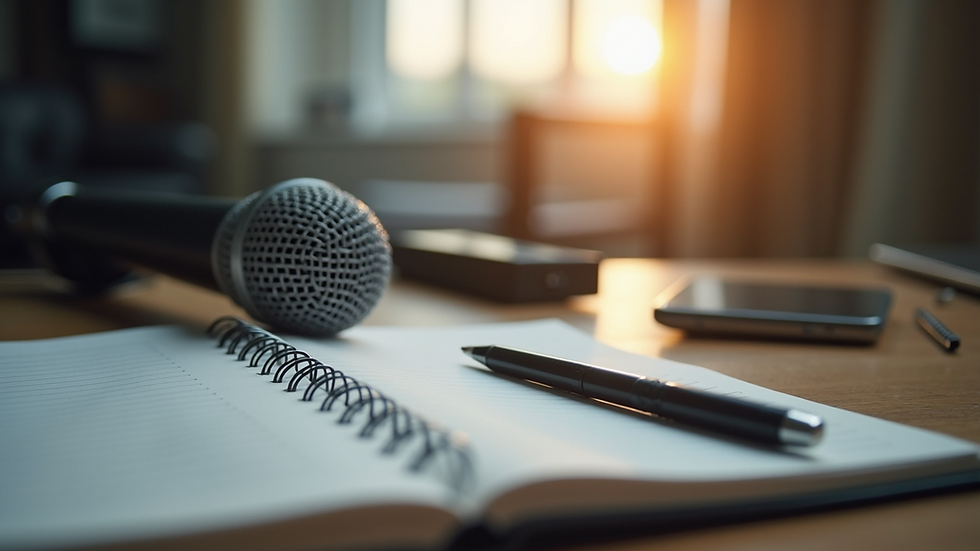 Eye-level view of a microphone and notebook ready for storytelling