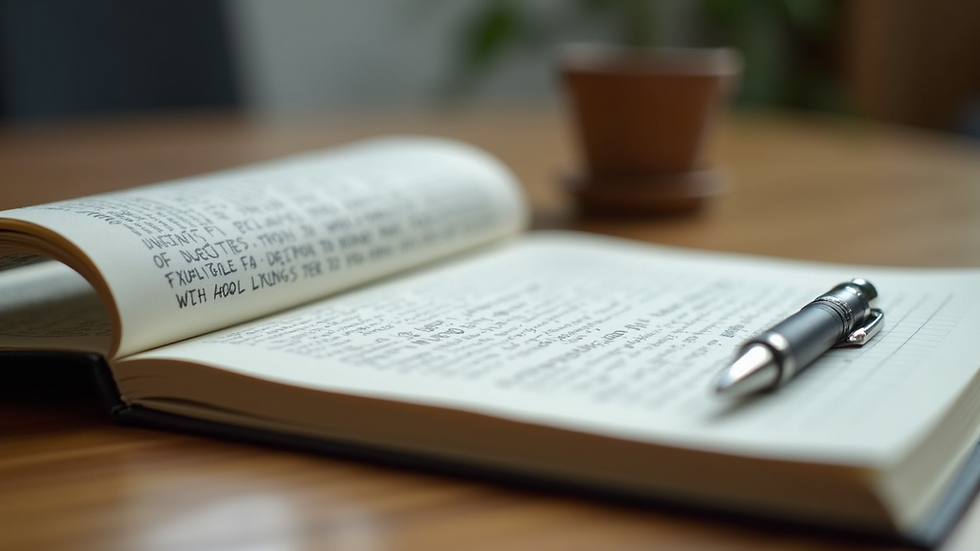 Eye-level view of a notebook with handwritten storytelling notes