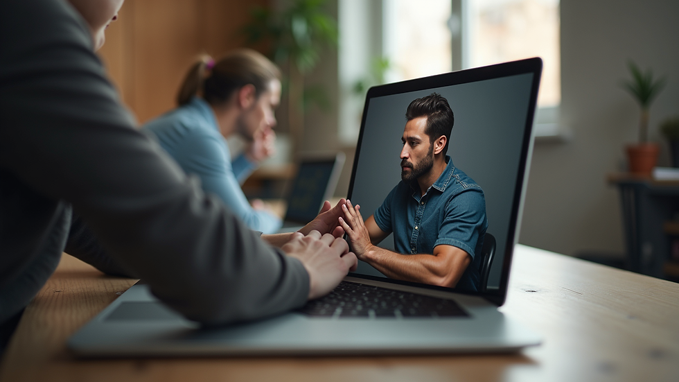 Eye-level view of a laptop showing a fitness coach guiding a client online