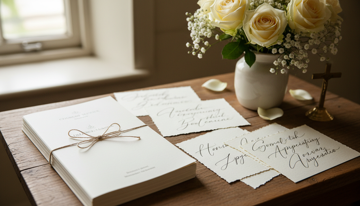 Close-up of printed church programs stacked beside flowers and handwritten appreciation cards