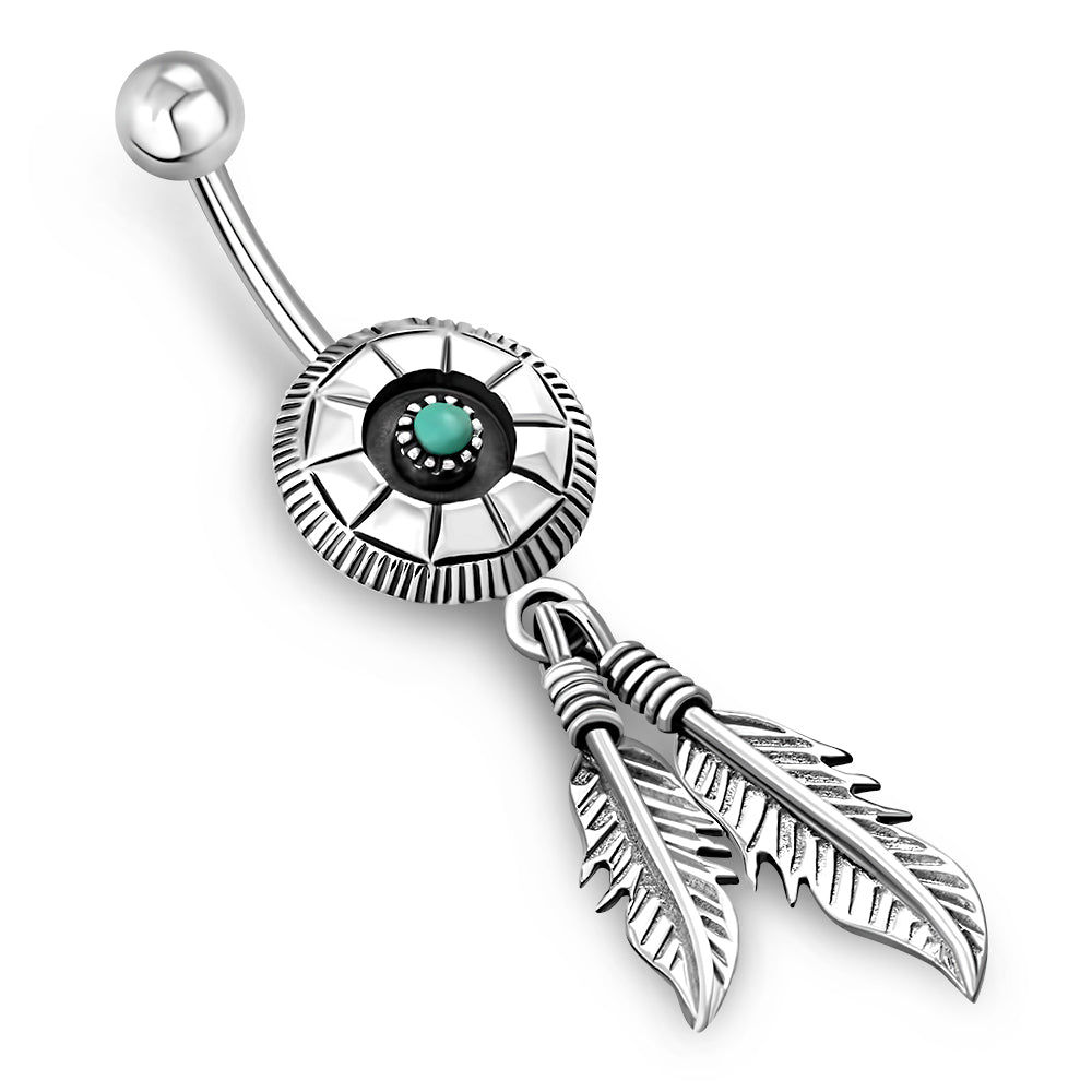 Ethnic Belly Navel Ring W/ Turquoise 316L & Silver
