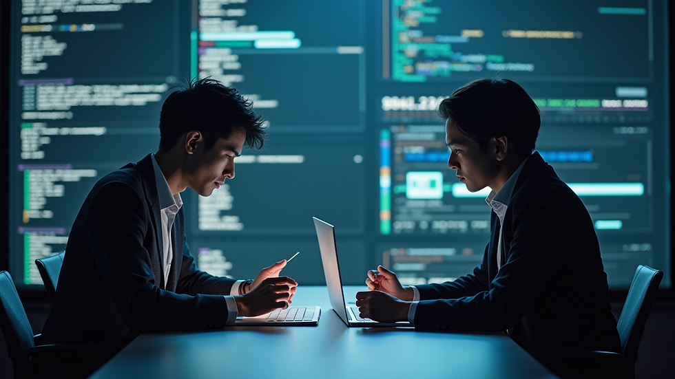 High angle view of a cybersecurity team analyzing AI threat intelligence