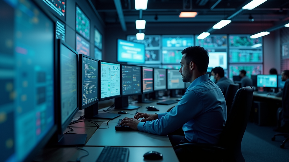 High angle view of a cybersecurity operations center with multiple monitors