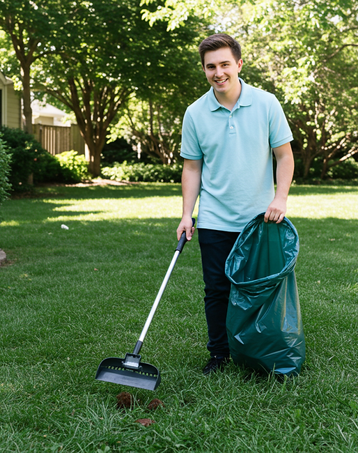 Pet Doody Scoop yard poop removal technician scooping poop in a yard
