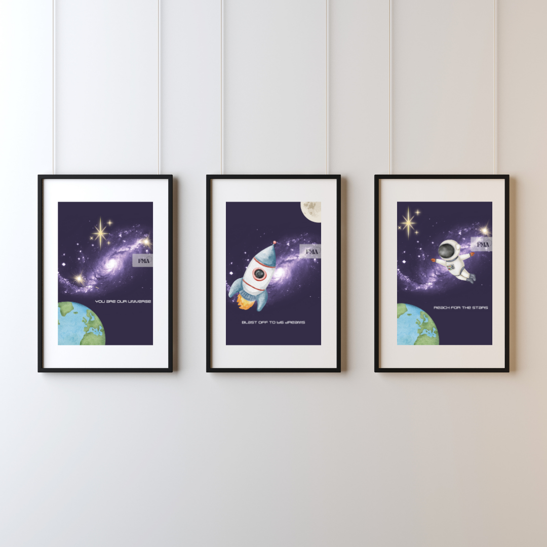 Cosmic Dreams: 3-Piece Digital Wall Art Set for Nurseries (With Text)