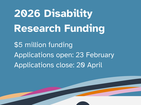 A teal tile with NDRP branding, that says, "2026 Disability Research Funding $5 million funding  Applications open: 23 February Applications close: 20 April"