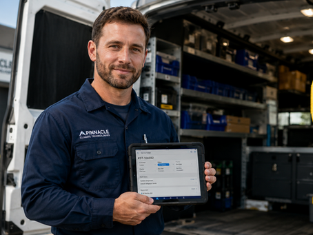 Field technician using Sage 100 native integration field service software on a tablet beside his service truck.