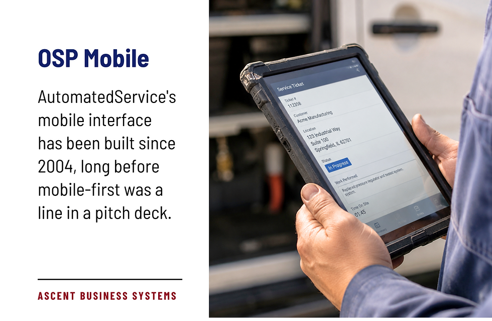 Close-up of hands holding a rugged tablet showing an open service ticket with job details beside a service van.