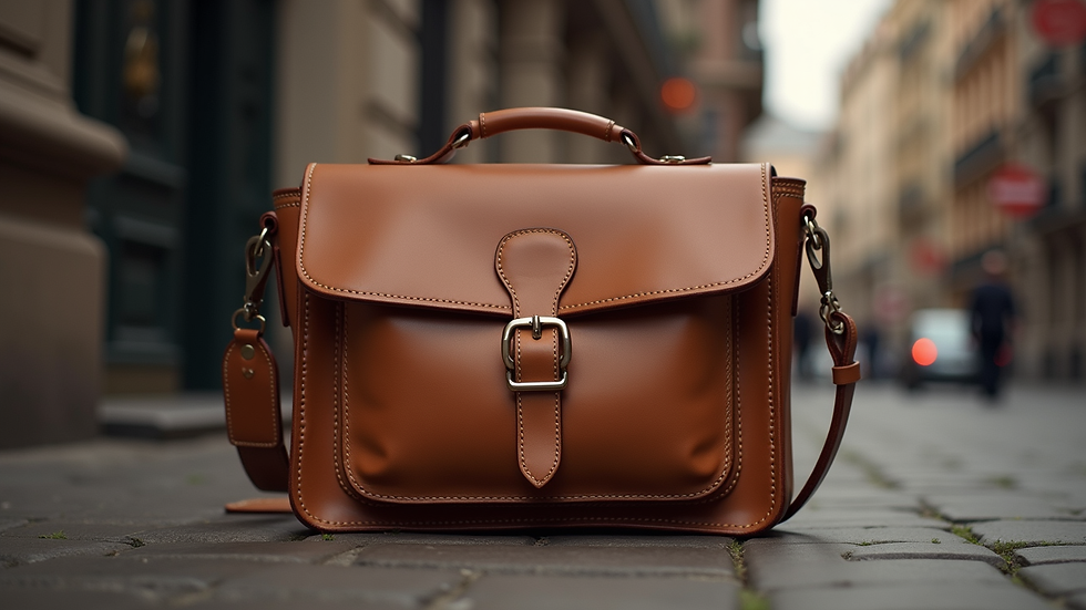 Eye-level view of a leather bag with smooth surface