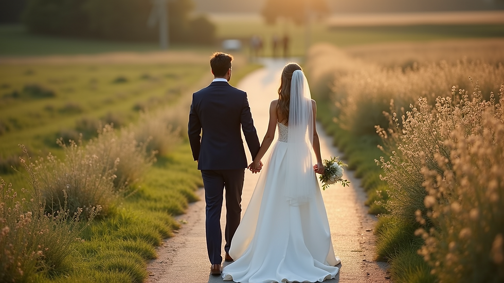 High angle view of a wedding couple walking hand in hand on a scenic outdoor path
