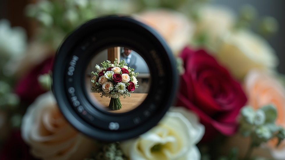 Close-up view of a camera lens focusing on a wedding bouquet