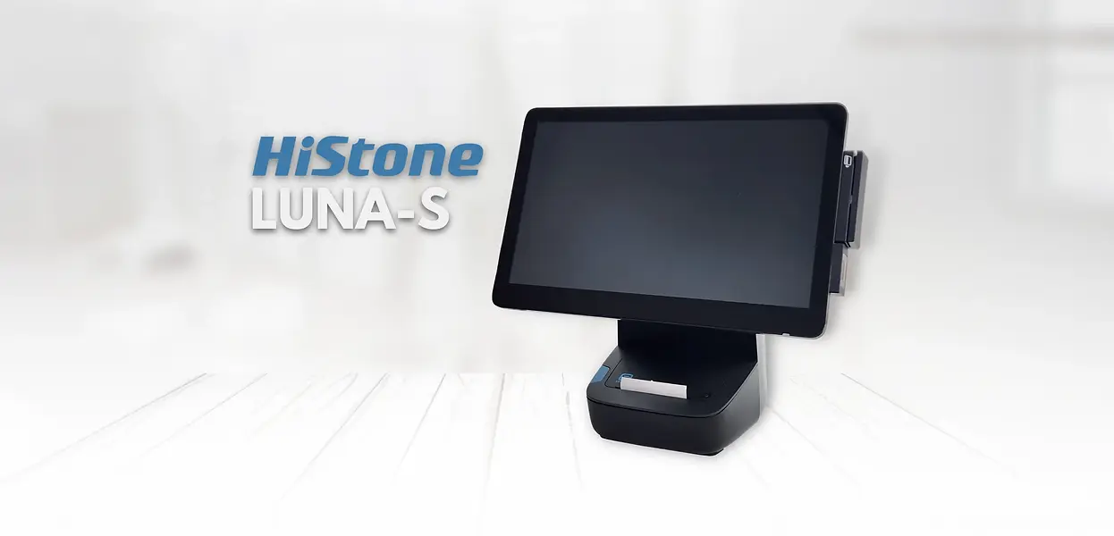HiStone Luna S All In One POS System on a white counter top and blurred background