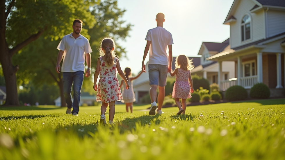 Eye-level view of a Wisconsin neighborhood with families enjoying a sunny day