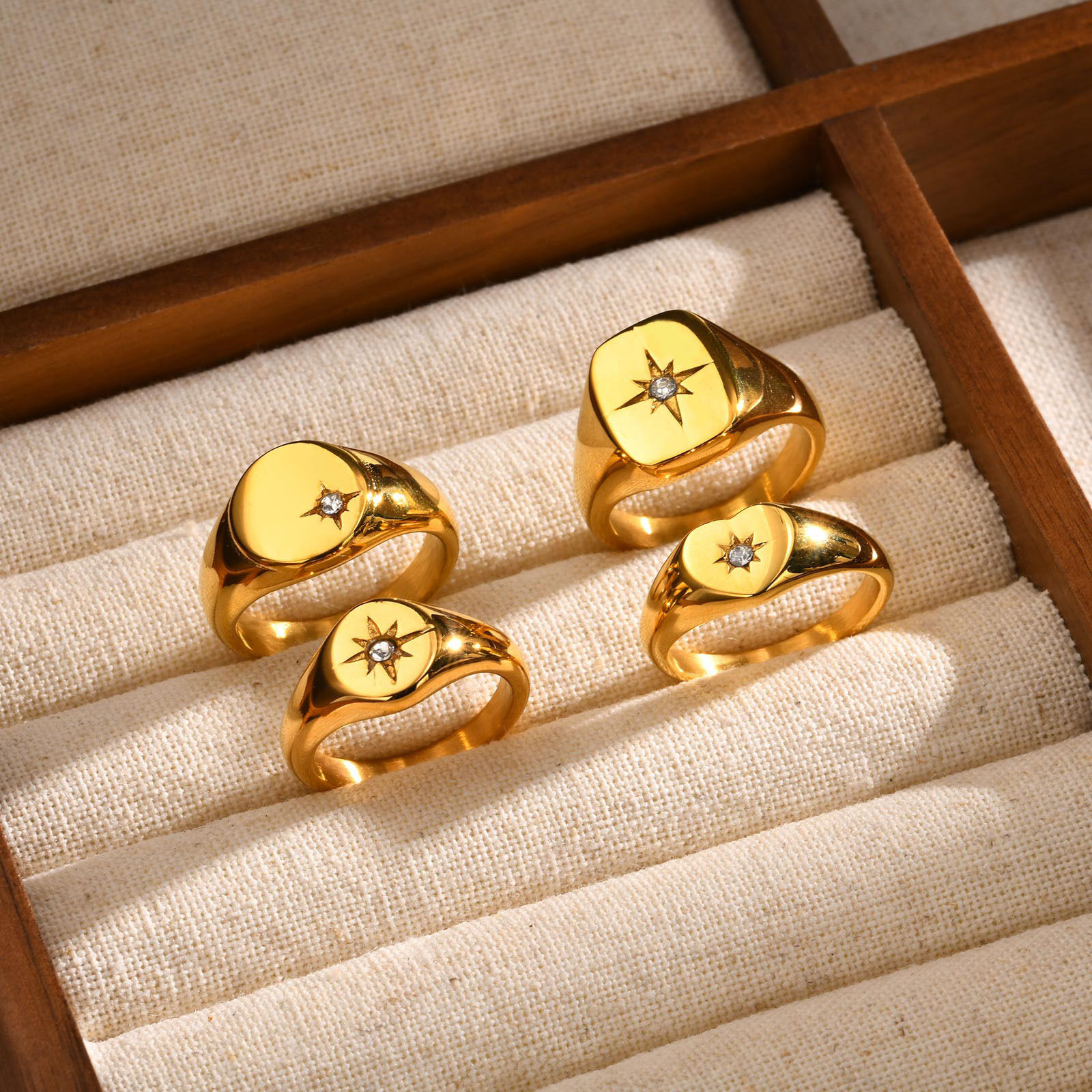 Stainless Steel Sunshine Signet Pinky Ring, Cubic Zirconia Inlay Ring Gold Plate