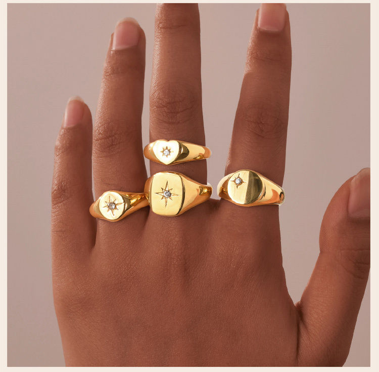Thumbnail: Stainless Steel Sunshine Signet Pinky Ring, Cubic Zirconia Inlay Ring Gold Plate
