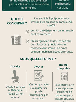 Infographie sur la réforme 2026 de la cession de parts de SCI : acte notarié, acte contresigné par avocat ou acte rédigé par un expert-comptable